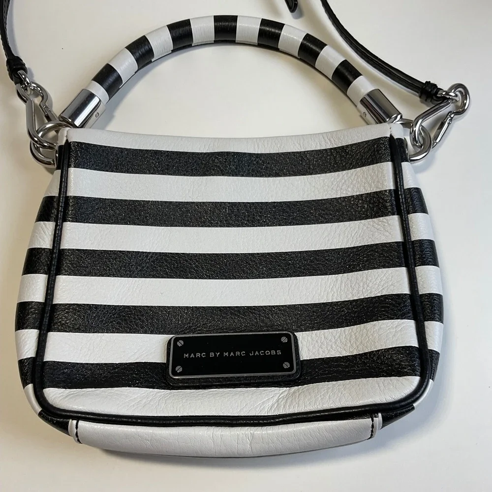 Marc by Marc Jacobs Black White Striped Leather Crossbody Top Handle Bag